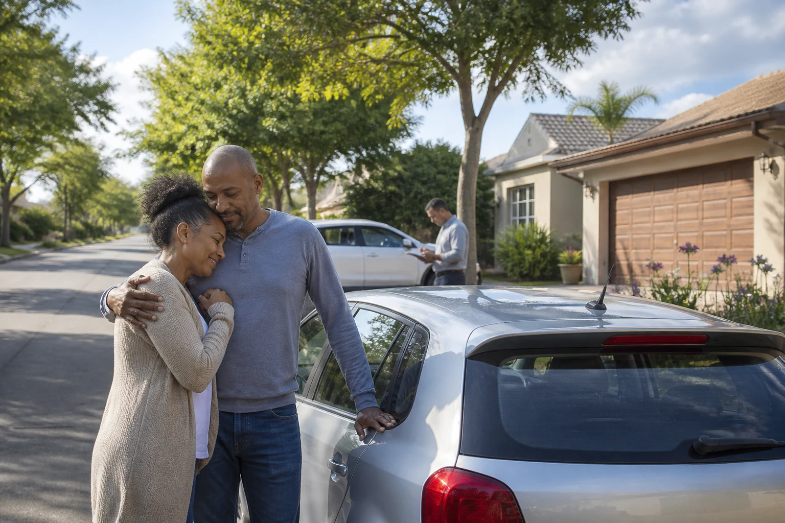 A relieved couple reunited with their recovered vehicle